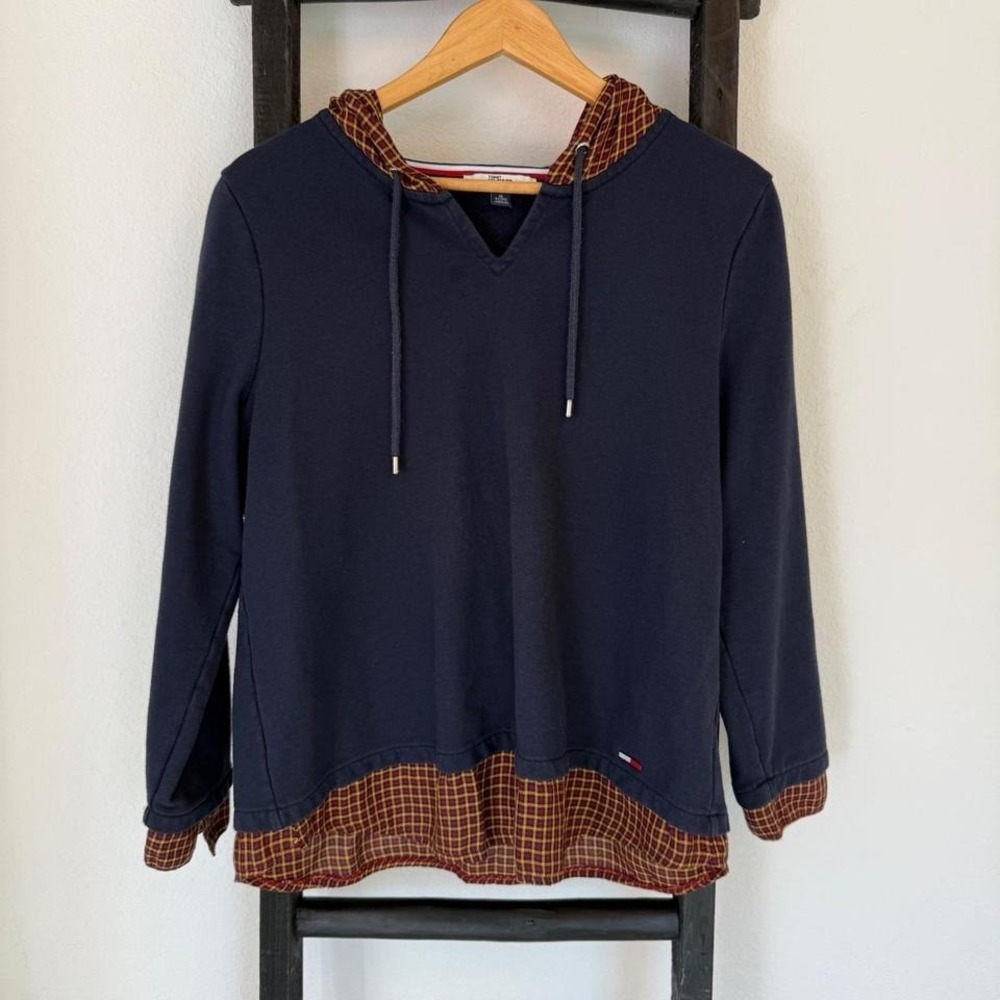 Tommy Hilfiger Denim Navy Plaid Hoodie Sweatshirt Women's XL Made in Indonesia - Picture 1 of 6